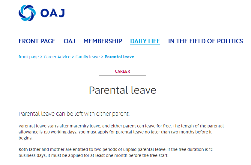 OAJ's webpage on parental leave: https://www.oaj.fi/tyoelamaopas/perhevapaat/vanhempainvapaa/